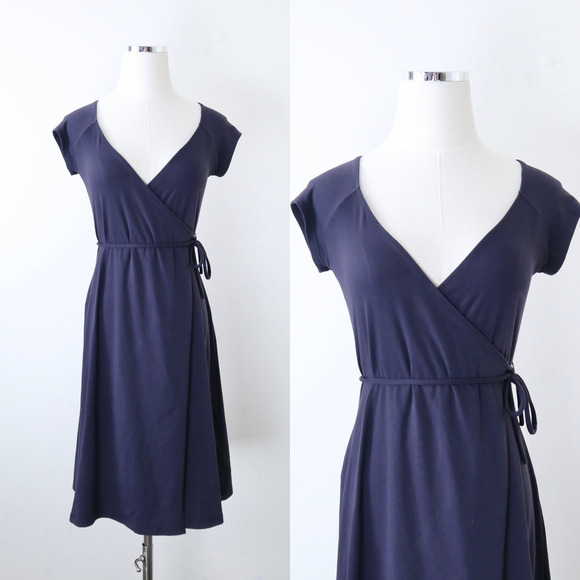 Susana Monaco Size XS Jersey Knit Wrap Dress Cap Sleeve Tie Waist V Neck Navy - Picture 1 of 11